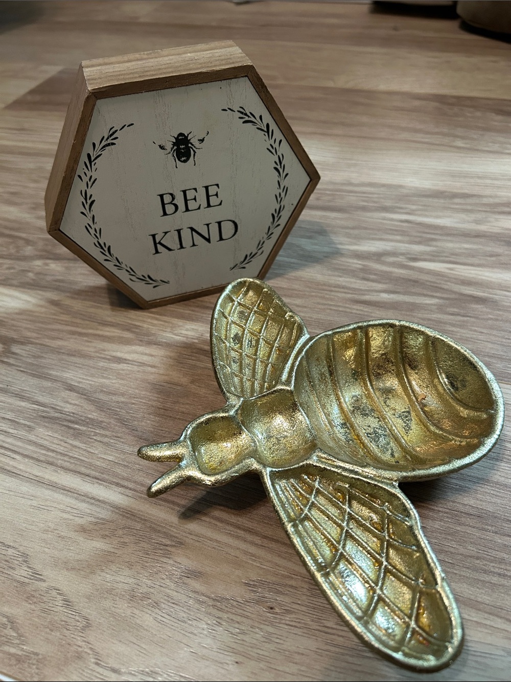 Gold Bee Trinket Dish with Bee Kind Wood Accent